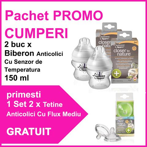 Pachet PROMO 2 Biberoane Anticolici Cu Senzor de Temperatura 150 ml + Set 2 Tetine Anticolici Cu Flux Mediu GRATUIT Tommee Tippee