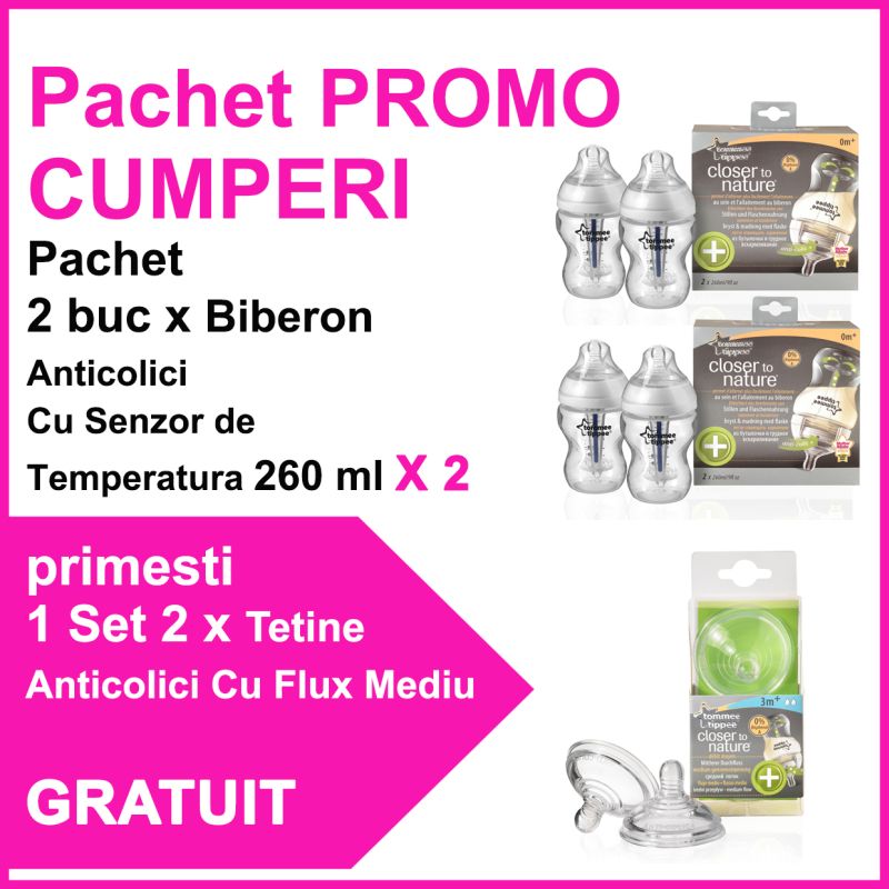Pachet 2 X 2 Biberoane Anticolici Cu Sistem De Ventilatie 260 ml + Set 2 Tetine Anticolici Cu Flux Mediu CADOU Tommee Tippee