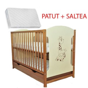 MAMO-TATO - Patut din lemn Giraffe Natur + Saltea Cocos