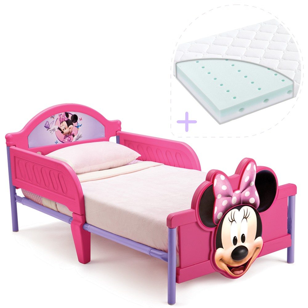 Set pat cu cadru metalic Disney Minnie Mouse 3D si saltea pentru patut Dreamily - 140 x 70 x 10 cm Delta Children