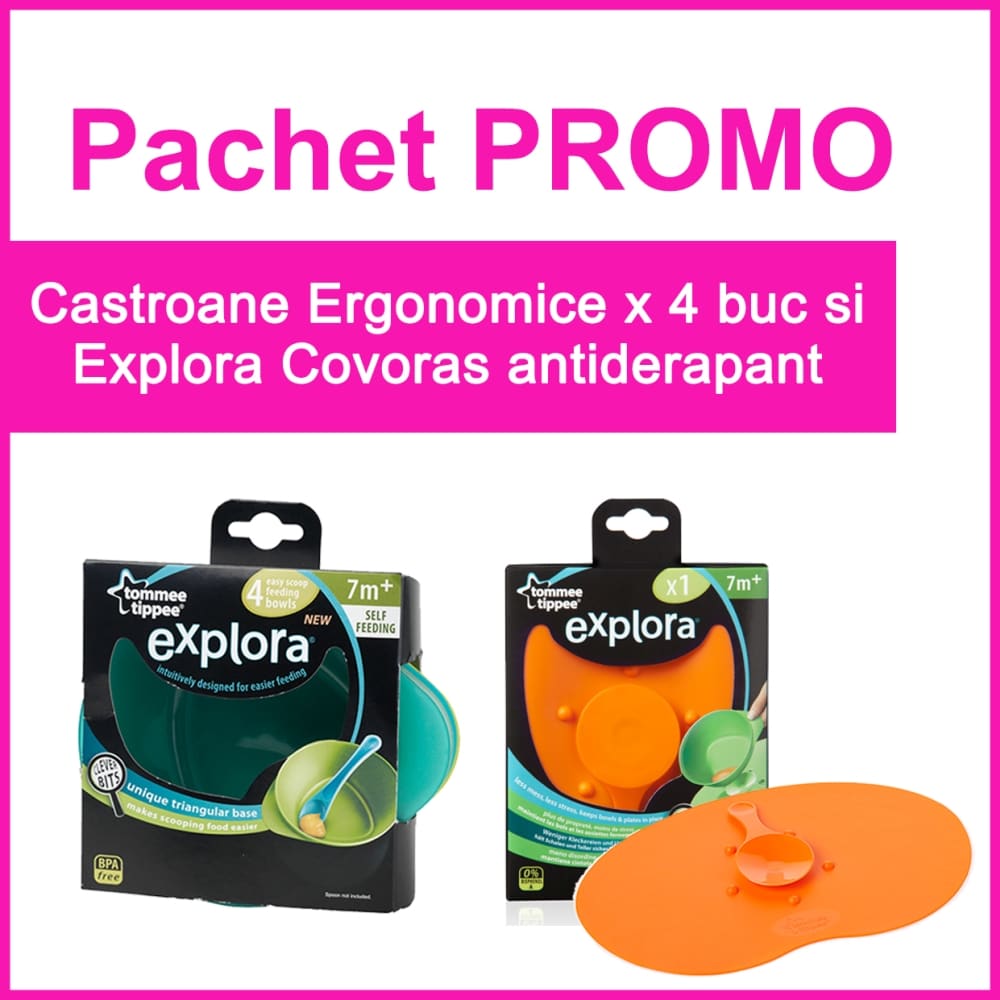 Pachet PROMO 1 x Castroane Ergonomice 4 buc + 1 x Explora Covoras Antiderapant 1 buc Tommee Tippee