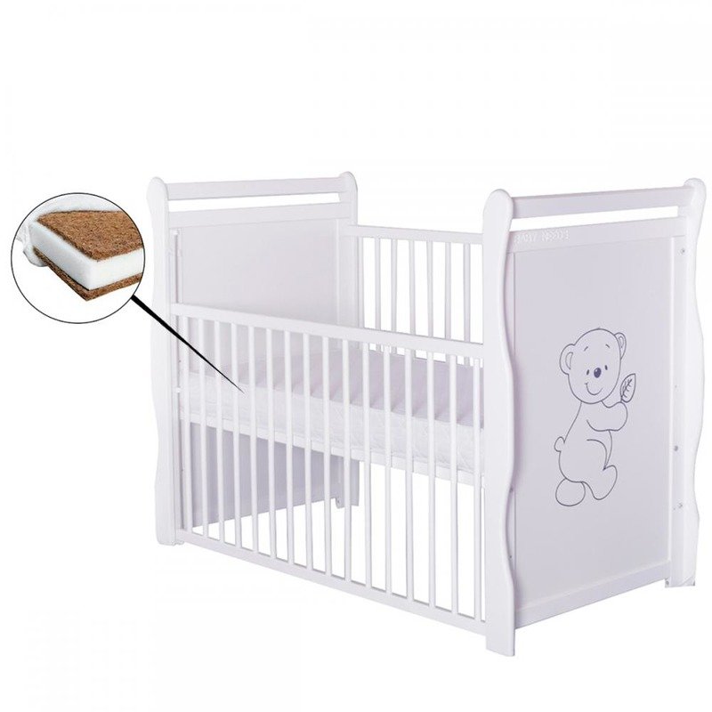 Patut din lemn Jas Ursulet 120x60 cm cu laterala culisanta Alb + Saltea 10 cm BabyNeeds - imagine 2