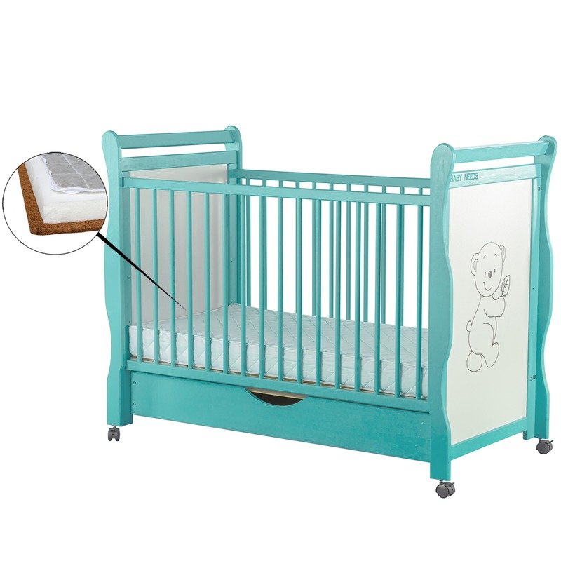 BabyNeeds Patut din lemn Jas Ursulet 120x60 cm cu sertar Mint + Saltea 9 cm