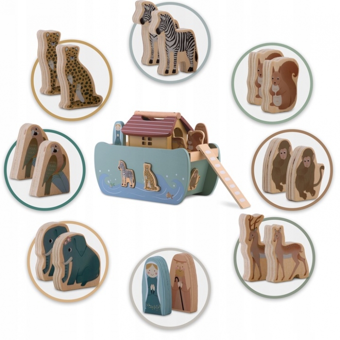 Jucarie educativa Arca lui Noe din lemn cu animalute, 17.5 x 13.5 x 20 cm, Nukido NK-862 - imagine 4