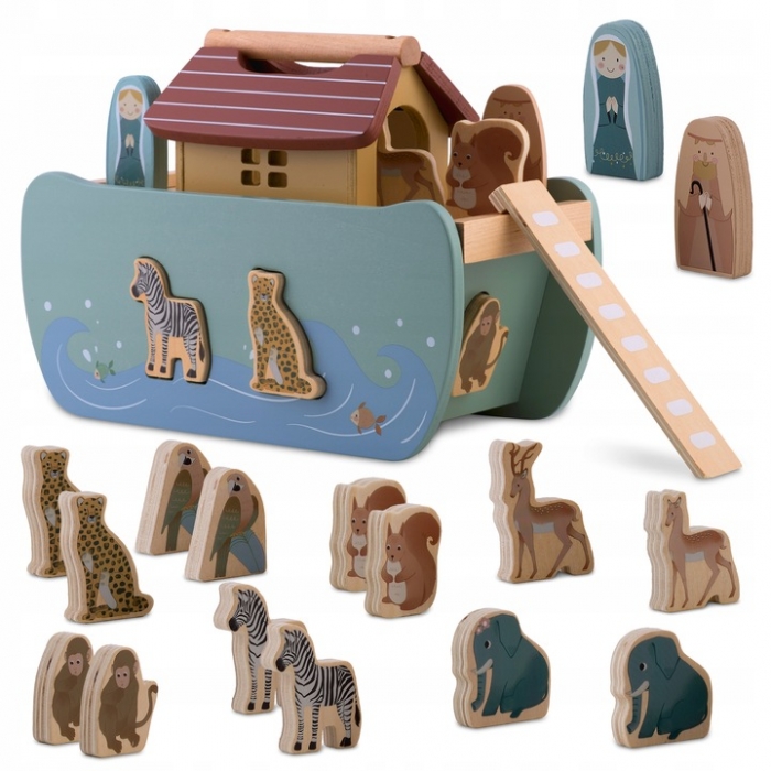 Jucarie educativa Arca lui Noe din lemn cu animalute, 17.5 x 13.5 x 20 cm, Nukido NK-862